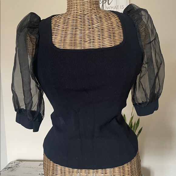 Joie Tops - Joie Puff Sleeve Sheer Square Neck Semi Crop Top Black